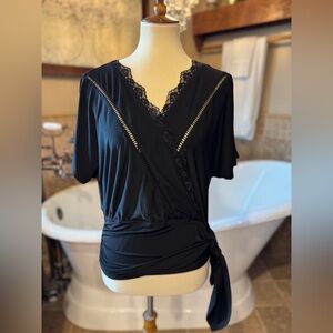 Daytrip Black Wrap Blouse with Lace Detail medium